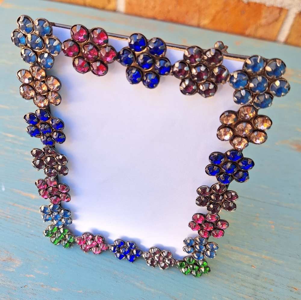 Jeweled Picture Frame Metal and Gemstone Flowers Multi Colored Jewel Tones